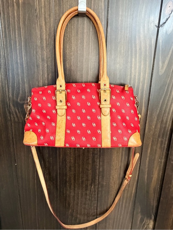 Dooney & Bourke Handbags - Dooney & Bourke Red Logo Canvas Shoulder Bag w/ Tan Leather Trim crossbody strap